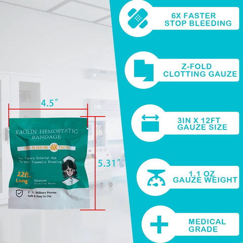 Front view of teal Kaolin hemostatic gauze bandage pouch; 3 in x 12 ft gauze size for first aid