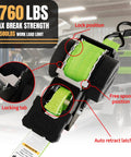 Heavy Duty Retractable Ratchet Straps Made To Haul Your Rig Without The Headache One Inch By 12 Feet With A Serious 1760 Pound Breaking Strength showing locking features and neon green webbing.
