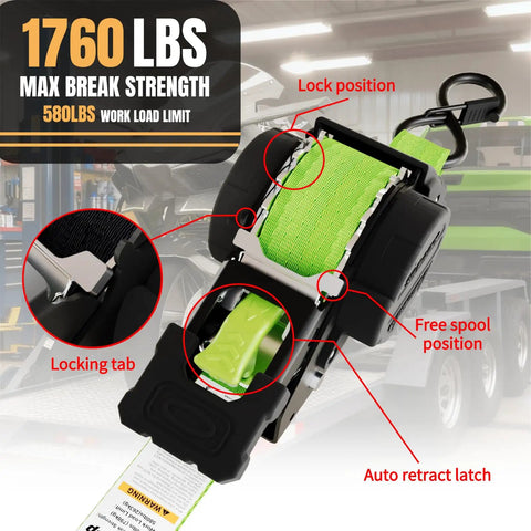 Heavy Duty Retractable Ratchet Straps Made To Haul Your Rig Without The Headache One Inch By 12 Feet With A Serious 1760 Pound Breaking Strength showing locking features and neon green webbing.