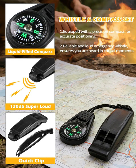 5 In 1 Fire Starter Kit For Outdoor Gear With Ferro Rod Flint And Steel Emergency Whistle Credit Card Multitool Compass And Waterproof Tinder For Camping Hiking And Survival Gift For Men compass and whistle on map background