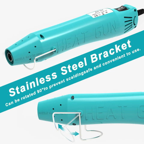 Close-up of Mini 300W Heat Gun For Shrink Tubing And DIY Crafts With Reflector Nozzle showing stainless steel bracket.