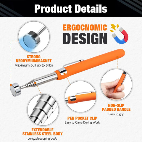 Ultra Strong Magnetic Pickup Tool With 8 Lb Pull, Stainless Steel Telescoping Magnet Reach 6.3 To 33 Inches with orange handle
