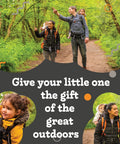 Parents hiking in forest with child in Outdoorsy Hiking Baby Carrier Backpack For Safe Comfortable Toddler And Baby Transport.