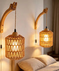 ZEORIVAX Rattan Wall Lamp with Plug-in Cord Hand Woven Paper Rope Sconce, warm light, bedside setting, unique rattan design.