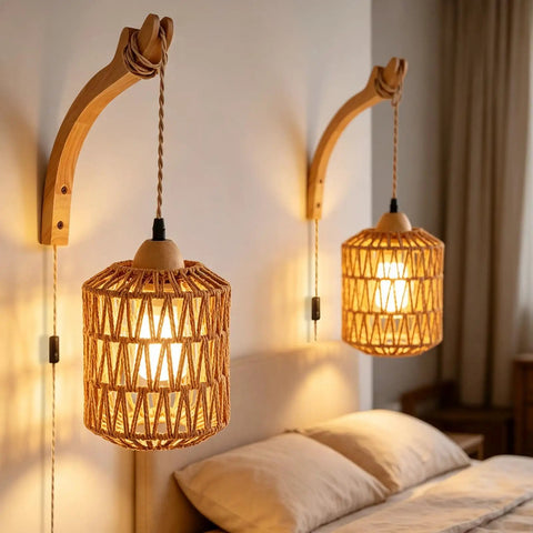 ZEORIVAX Rattan Wall Lamp with Plug-in Cord Hand Woven Paper Rope Sconce, warm light, bedside setting, unique rattan design.