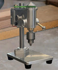 Solid Aluminum Mini Drill Press With Brass Spindle Sleeve, compact design, precision bench drill tool for jewelry making.