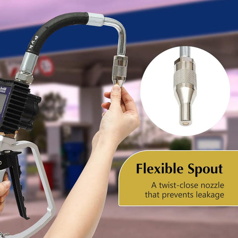 Kickass Heavy Duty Air Operated Oil Transfer Pump With Digital LCD Flow Meter Motor Fluid Dispenser Controller Fast Fill Nozzle close-up of flexible spout