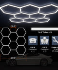 Eight Hexagon Garage Light With 350W 5000K Daylight LED, modular honeycomb shop light, diagram showing components and assembly.