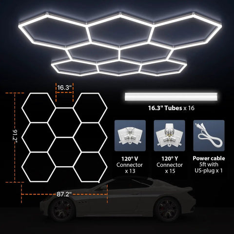 Eight Hexagon Garage Light With 350W 5000K Daylight LED, modular honeycomb shop light, diagram showing components and assembly.