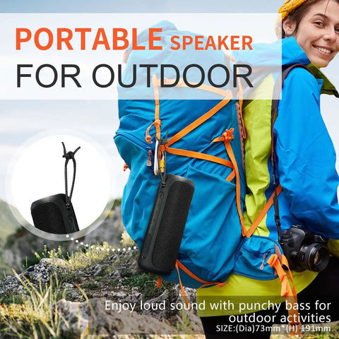 Hiker with backpack featuring Wireless Portable Speaker With 25W Bangin Bass And Bassboom Technology for outdoor use.