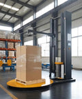 Automatic Pallet Stretch Wrapping Machine With Advanced Plc Interface Engineered As A Heavy Duty Industrial Shrink Wrap Workhorse and Total Warehouse Game Changer, wrapping a cardboard pallet.