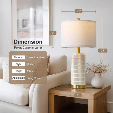 Set Of 2 Ceramic Table Lamps 24 Inch For Nightstands And Living Rooms Farmhouse Chic Modern Style White Finish Bedroom Bedside End Tables Ambient Lighting With Soft Glow, shown on end table.