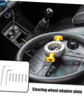 Racing Car Steering Wheel Adapter Plate And Riser Spacer with screws and tools on a leather seat.