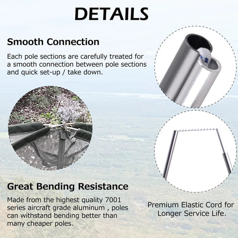 Details of Lightweight 7001 Aircraft Grade Aluminum Tent Poles Replacement Kit Dual Pole Set, showing smooth connection and bending resistance.