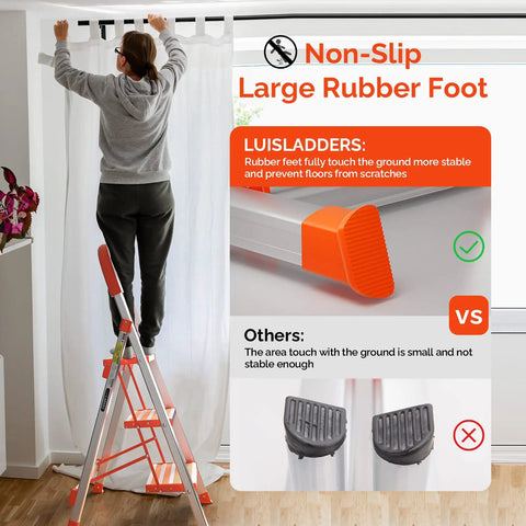 Three Step Foldable Aluminum Stool With Anti Slip Pedals And Rubber Hand Grip, 350 Lb Capacity, Lightweight Home And Kitchen Stepladder For Easy Reach, Grab And Go Compact Yet Sturdy Non Slip Construction For Safe Everyday Use. Person using foldable aluminum 3-step stool with rubber feet indoors