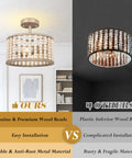 Comparison of Boho Farmhouse 2 Light Wood Beaded Semi Flush Mount Ceiling Light in Deep Oak with a standard chandelier.