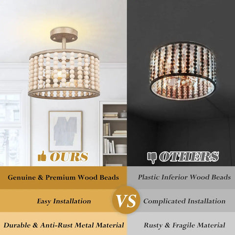 Comparison of Boho Farmhouse 2 Light Wood Beaded Semi Flush Mount Ceiling Light in Deep Oak with a standard chandelier.