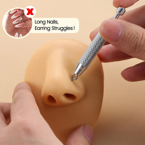 Hand using Piercing Ball Grabber Reacher Tool For Jewelry And Small Parts 4 Claw Stainless Steel Pickup Tool on a model nose