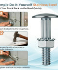 Beefy 50 Pack One And A Quarter Inch Carriage Bolt And Nut Kit For Box Trucks And Roll Up Doors Replacement Hardware Set With Lock Nuts Heavy Duty Steel Easy To Install Rust Resistant Universal Fit For Most Trailers. stainless steel carriage bolt with lock nut installed on box truck hinge