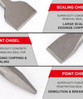 All In One Heavy Duty 3 Piece SDS Plus Chisel Set For Rotary Hammer Drills With Storage Case Includes Flat Chisel Point Chisel And Scaling Chisel For Tile Removal Demolition Grooving And Cement Work Pro Grade Alloy Steel Bits displayed with labels "scaling chisel", "flat chisel", and "point chisel" for specific uses.