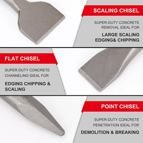 All In One Heavy Duty 3 Piece SDS Plus Chisel Set For Rotary Hammer Drills With Storage Case Includes Flat Chisel Point Chisel And Scaling Chisel For Tile Removal Demolition Grooving And Cement Work Pro Grade Alloy Steel Bits displayed with labels "scaling chisel", "flat chisel", and "point chisel" for specific uses.