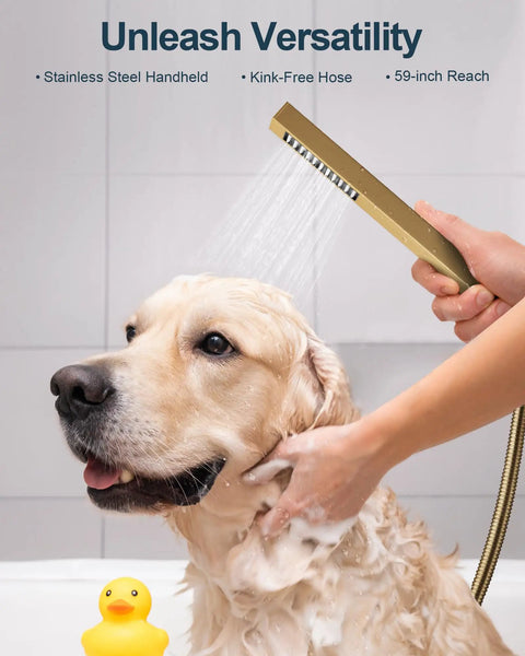 Hit Different Premium Brushed Gold Led Shower System With Bluetooth Speaker, showing golden handheld sprayer in action.