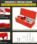 Electric Hydraulic Rebar Cutter 1700W with storage box, ergonomic handle, oil filling port, switch, and accessories visible.