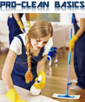 Person cleaning a room wearing gloves, with Pro-Clean Basics logo. Focus on hygiene and cleanliness in a professional setting.