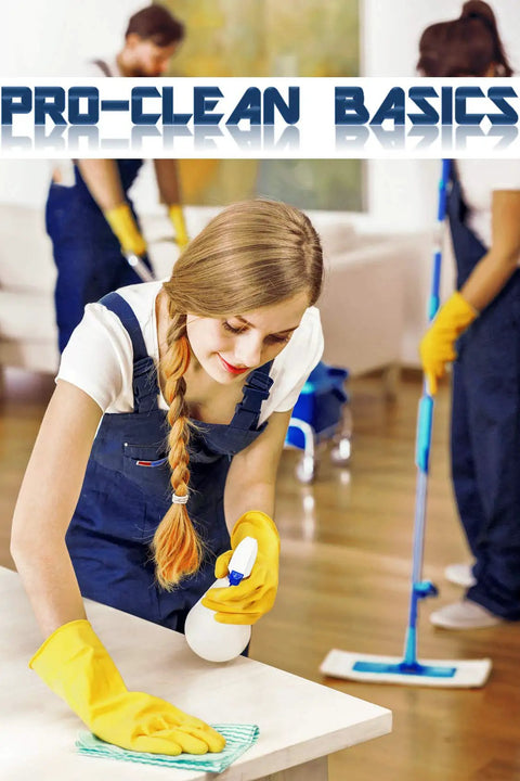 Person cleaning a room wearing gloves, with Pro-Clean Basics logo. Focus on hygiene and cleanliness in a professional setting.