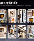 Close-up details of Space Capsule Book Nook Kit With LED Light, DIY Dollhouse Miniature Shelf Insert, 3D Wooden Puzzle components.