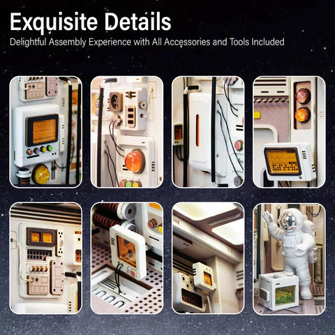 Close-up details of Space Capsule Book Nook Kit With LED Light, DIY Dollhouse Miniature Shelf Insert, 3D Wooden Puzzle components.