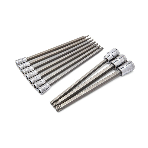 Torx Bit Socket Master Set, 49 Piece, One Quarter Inch, Three Eighths Inch, One Half Inch Drive, S2 Steel Bits arranged on a surface