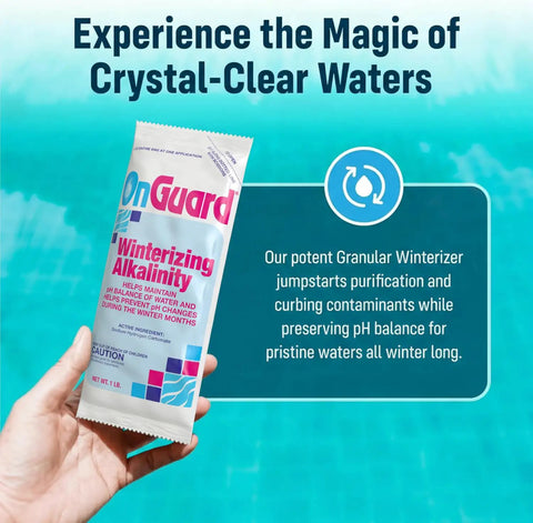 Winterizing Kit For Pools Up To 12,000 Gallons Fits Above Ground And In Ground Pools packet held against pool water