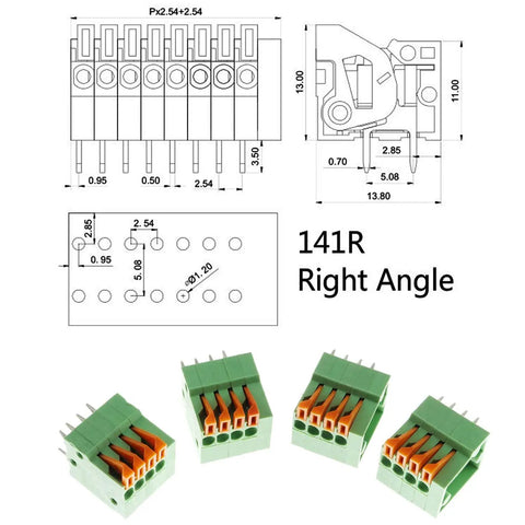 8 Pin 4 Position 2.54mm Pitch Screwless PCB Terminal Block Connectors For KF141R KF141V with right angle design