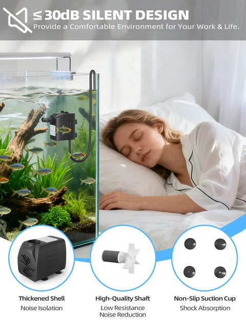 400GPH submersible water pump in black plastic mounted to the side of a glass aquarium with a hose.