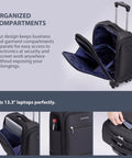 Verage black underseat luggage with wheels; collage shows interior compartments and front laptop sleeve visible.