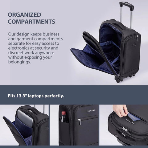 Verage black underseat luggage with wheels; collage shows interior compartments and front laptop sleeve visible.