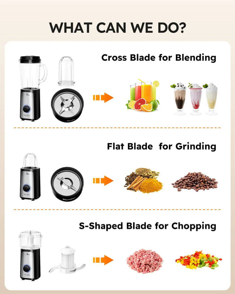 5 In 1 Kitchen Blender And Food Processor Set showcasing cross, flat, S-shaped blades for smoothies, grinding, chopping.