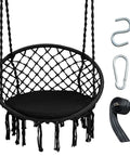 Black macrame hammock chair swing with cushioned seat and hardware kit for indoor outdoor chill, supports up to 330 lbs, hanging chair