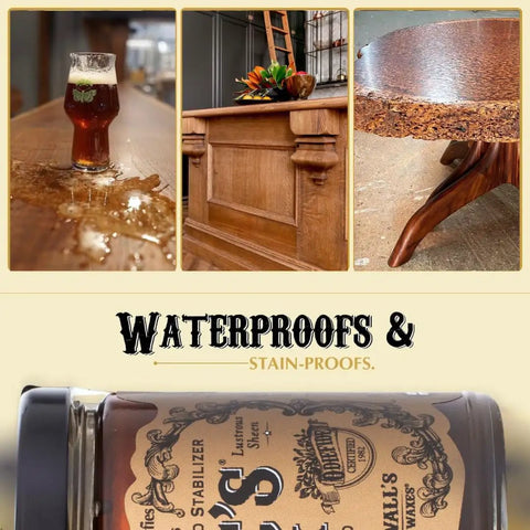 Dark Wood Oil Finish And Stabilizer 9 Ounce Jar on table, showing lustrous sheen and protection against spills, solvent free, non toxic