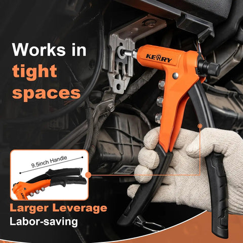 One-Handed 9.5 Inch Rivet Nut Tool Kit with 8 Mandrels and 80 Nuts used in tight space on metal panel