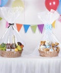 Gift baskets wrapped in Big 30x40 Inch Clear Cellophane Bags 12 Pack for Gift Baskets and Party Favors, Easy Wraps for Graduation Birthday Baby Shower Weddings and Decorations, OPP Material Clear Gift Wrap.
