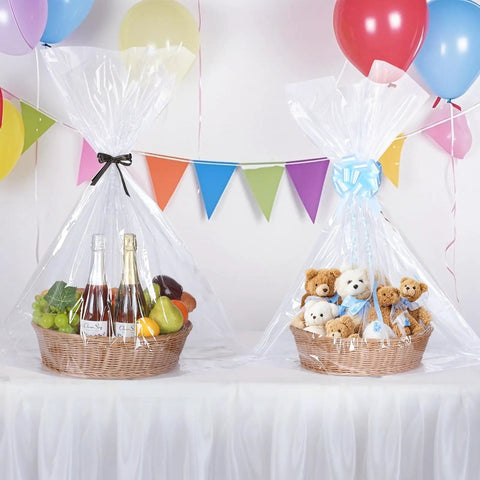 Gift baskets wrapped in Big 30x40 Inch Clear Cellophane Bags 12 Pack for Gift Baskets and Party Favors, Easy Wraps for Graduation Birthday Baby Shower Weddings and Decorations, OPP Material Clear Gift Wrap.