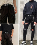 Badass Punk Grommet Leather Belt With Detachable Silver Chain Unisex Adjustable Waist Strap For Ripped Jeans Streetwear Flex And Everyday Rocker Vibes Style, worn with black ripped jeans.