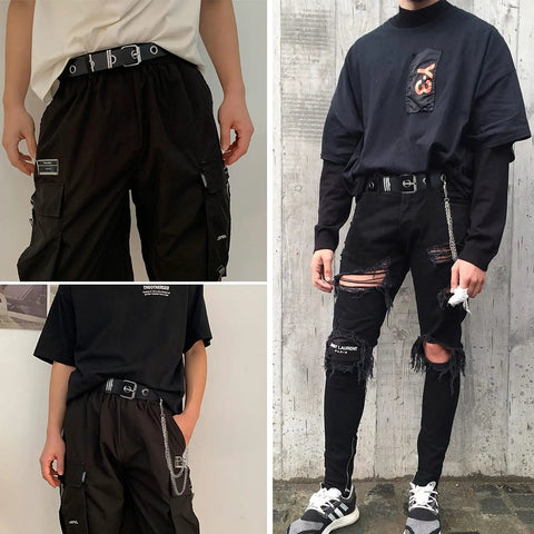 Badass Punk Grommet Leather Belt With Detachable Silver Chain Unisex Adjustable Waist Strap For Ripped Jeans Streetwear Flex And Everyday Rocker Vibes Style, worn with black ripped jeans.