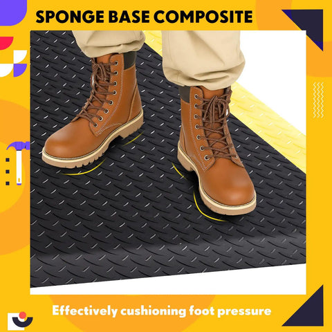 Heavy Duty Anti Fatigue Floor Mat 3x5 Feet With ESD Conductive Pad And Ground Wire, black with yellow border, shown with boots on top.
