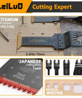 156 Piece Multitool Blade Kit For Oscillating Tools with titanium and Japanese tooth blades showcased with measurements.
