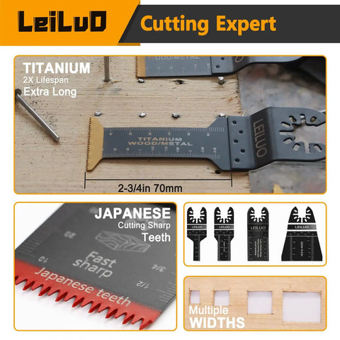156 Piece Multitool Blade Kit For Oscillating Tools with titanium and Japanese tooth blades showcased with measurements.
