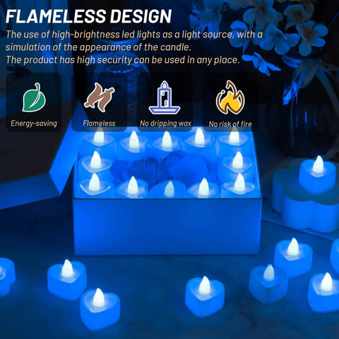 Flameless heart-shaped LED candles from Blue Silk Rose Petals Romantic Night Decor Set With 2000 Pieces And 24 Flameless Heart Shaped Led Candles For Wedding Party And Valentines Day For Him