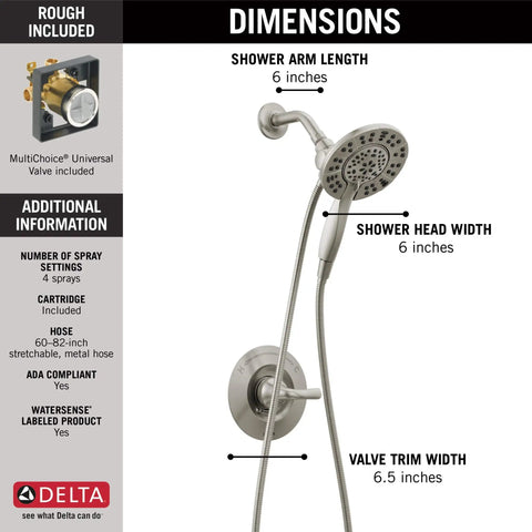 Dimensions of Arvo 14 Series Brushed Nickel Shower Faucet Set With In2ition 2 In 1 Dual Shower Head And Handheld Spray Combo Valve Trim Kit